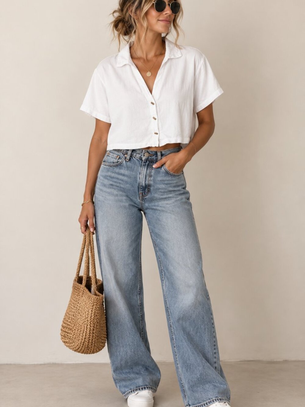 Kirious Los Angeles White Cropped Button Front Short Sleeve Blouse Size Large L